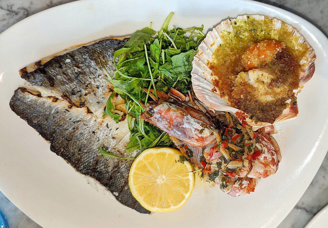 A seafood plate in London, shown as a menu illustration.